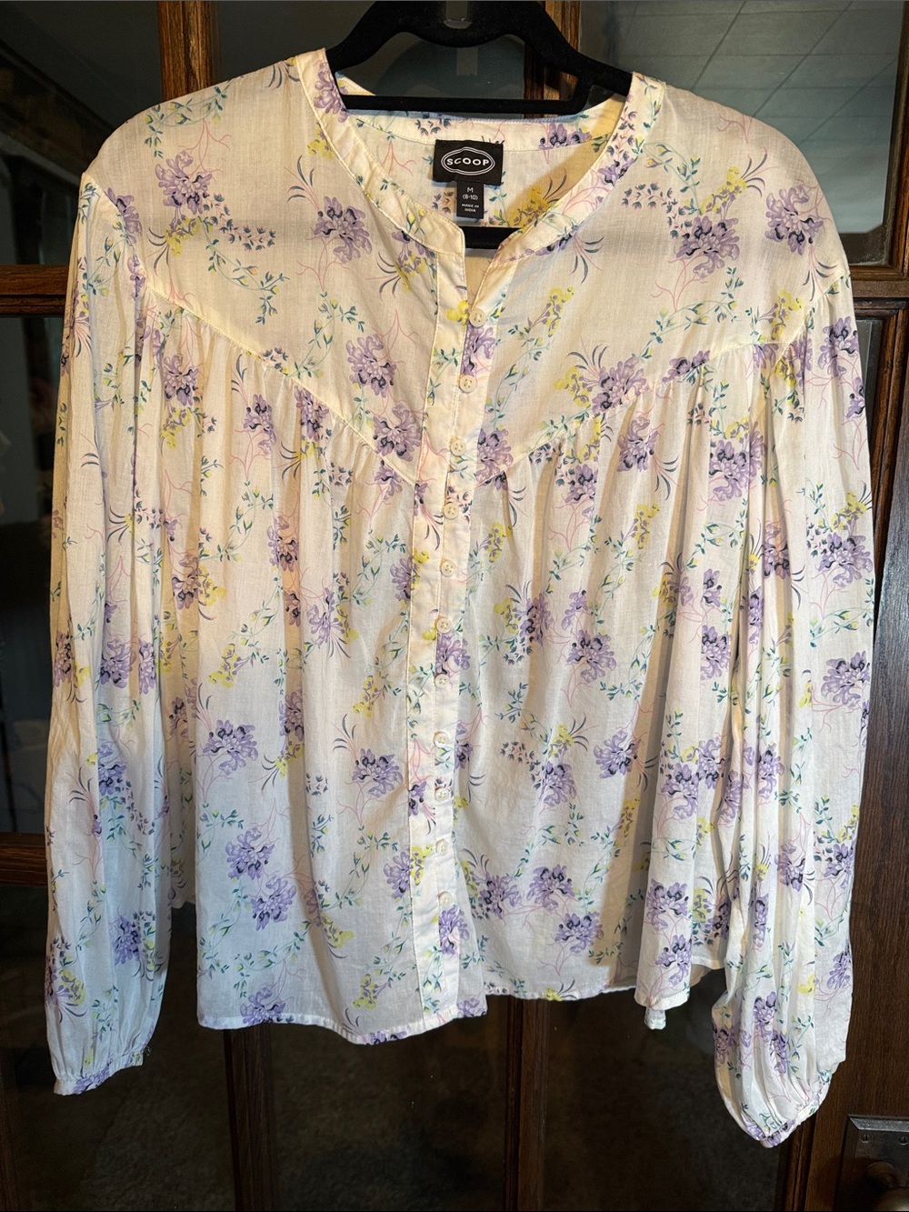 Scoop Women White Purple Floral Long Sleeve Button Front Boho Blouse Size M 8-10